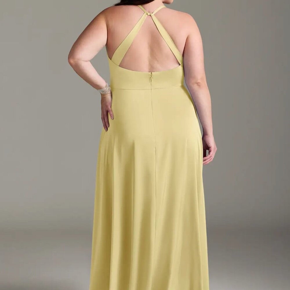 Azazie Davis A-Line Pleated Stretch Satin Dress in Lemon Sorbet - Picture 3 of 5
